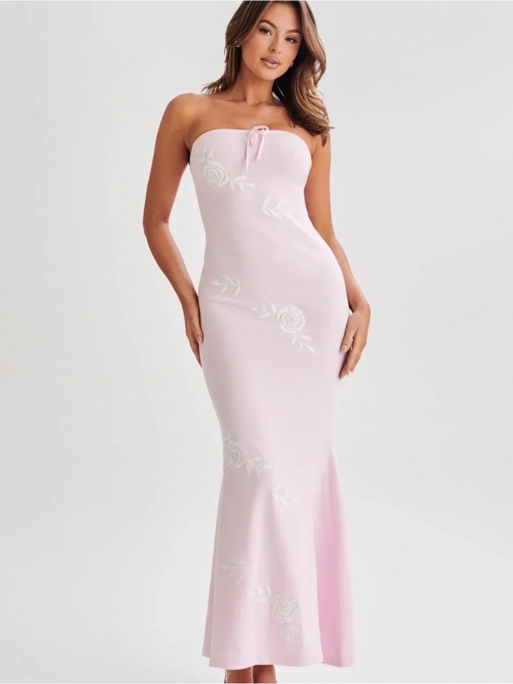 MESHKI Lorelai Strapless Rose Knit Maxi Dress in Pink Size Medium New